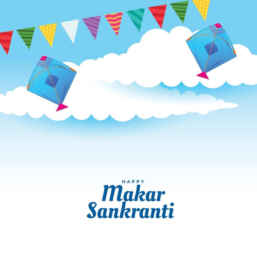 makar sankranti greeting card with flying kites and clouds vector