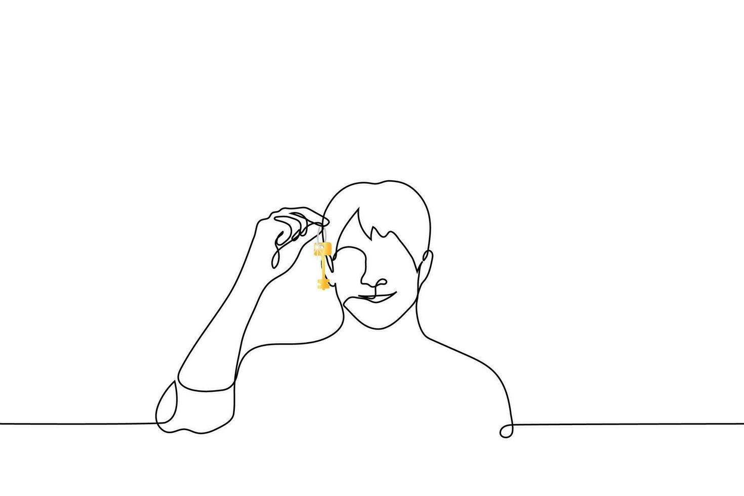 smiling man shows a key on a chain - one line drawing vector. concept buying a home, moving to a new house, realtor vector
