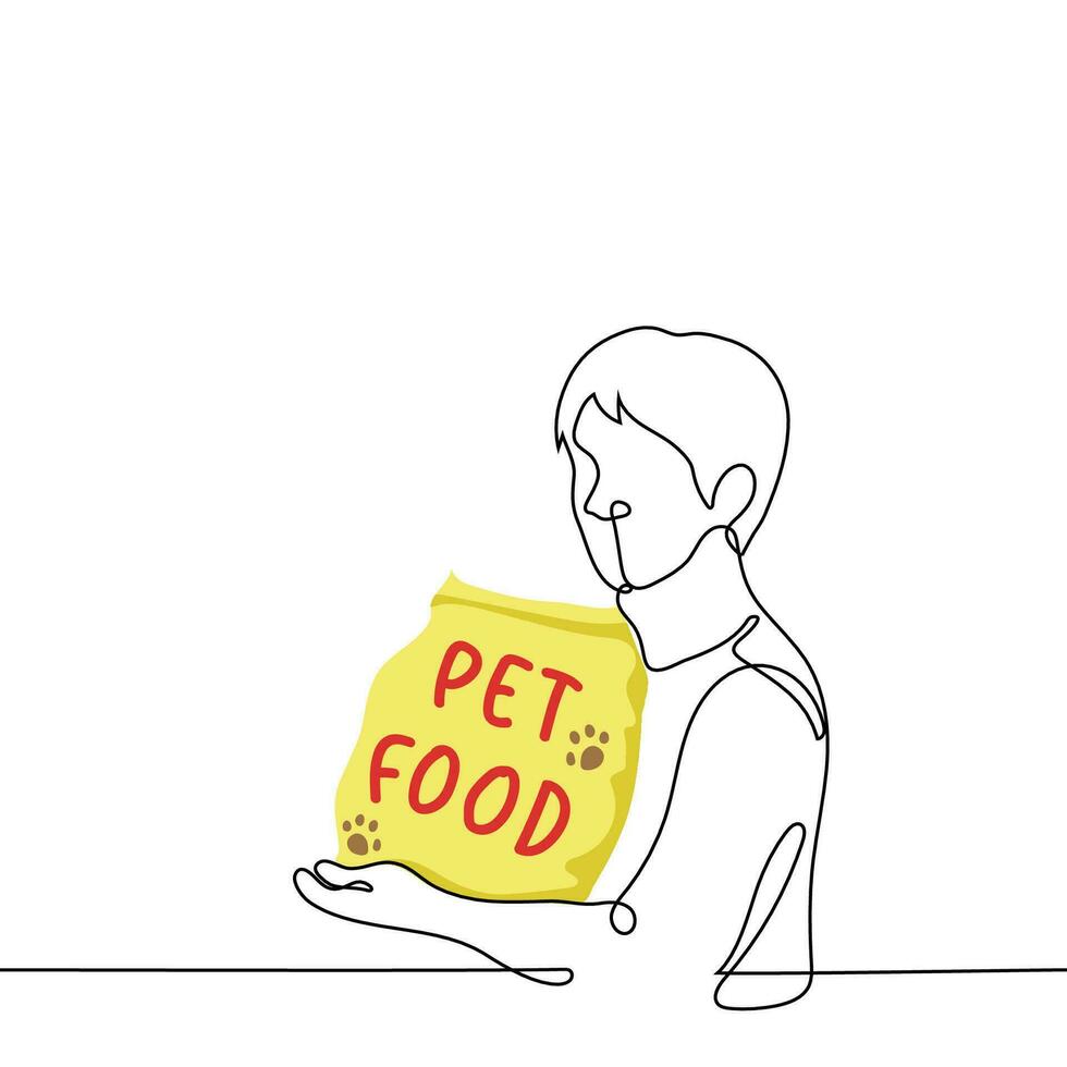 man holding big bag of pet food - one line drawing vector. concept the buyer of the owner of the animal dog or cat holds a package with food vector