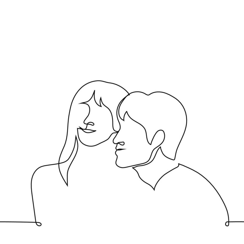 man and woman smile together and pose or bask on each other's faces, they are happy together - one line drawing vector. concept happy heterosexual couple, man and woman mutually in love vector