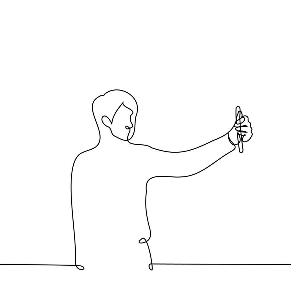 man stands with a phone filming himself, making a video call or broadcasting live on a social network - one line drawing vector. concept blogger, vlog, social media content vector