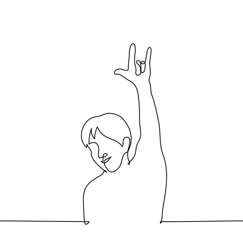 man raised his hand holding his middle and ring fingers - one line drawing vector. concept gesture Horns, I love you or that rocks vector