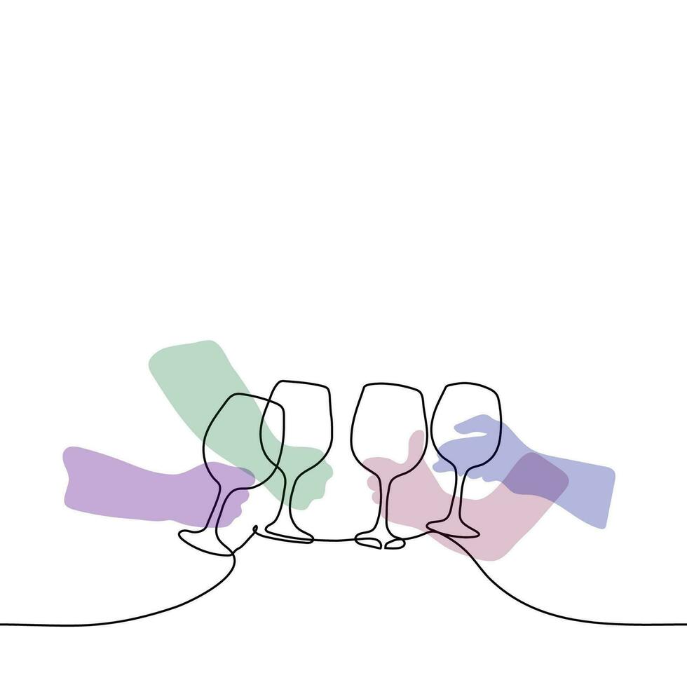 hands with glasses clink glasses - one line drawing vector. concept holiday, party, drinking alcohol, wine vector