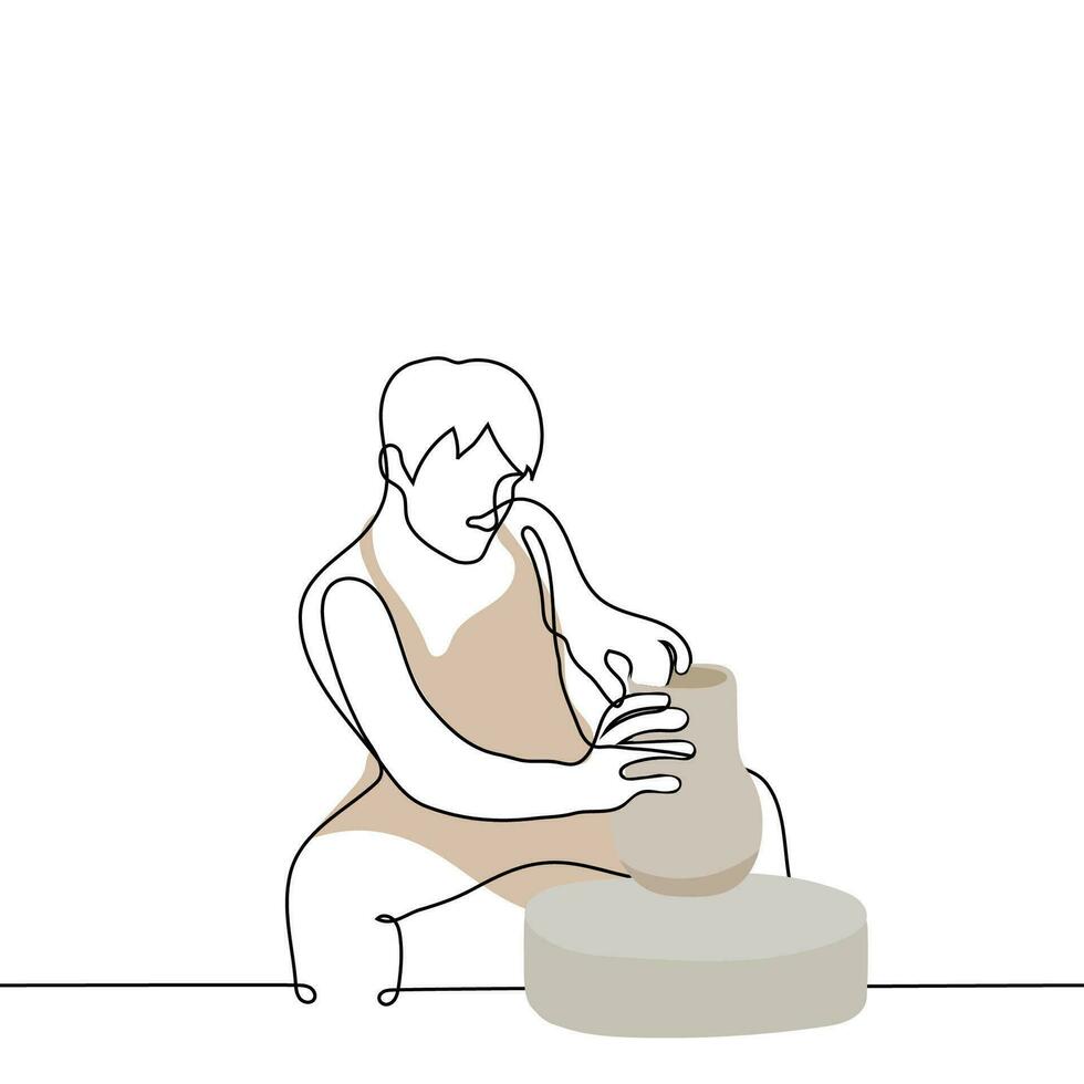 man potter making clay vase - one line drawing vector. concept craft products, pottery master class vector