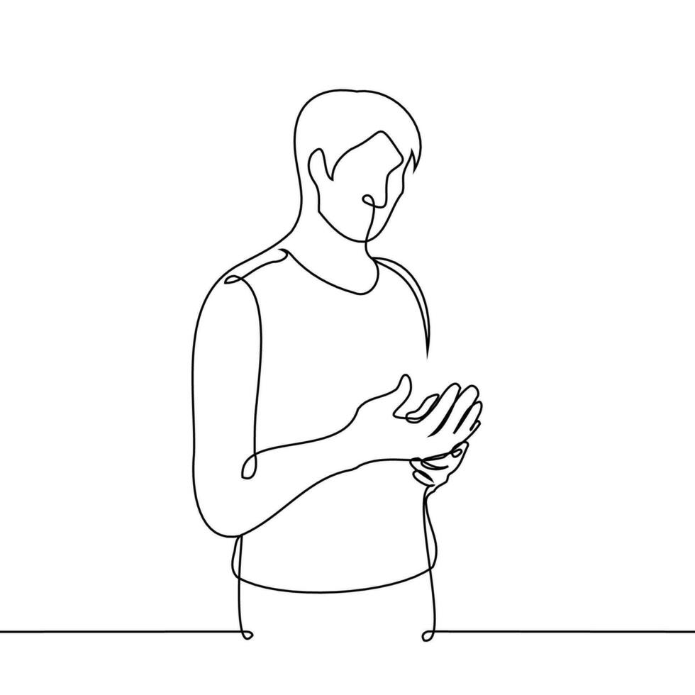 man kneading his palm joints - one line drawing vector. concept stroking your hands, hand pain, hand massage vector