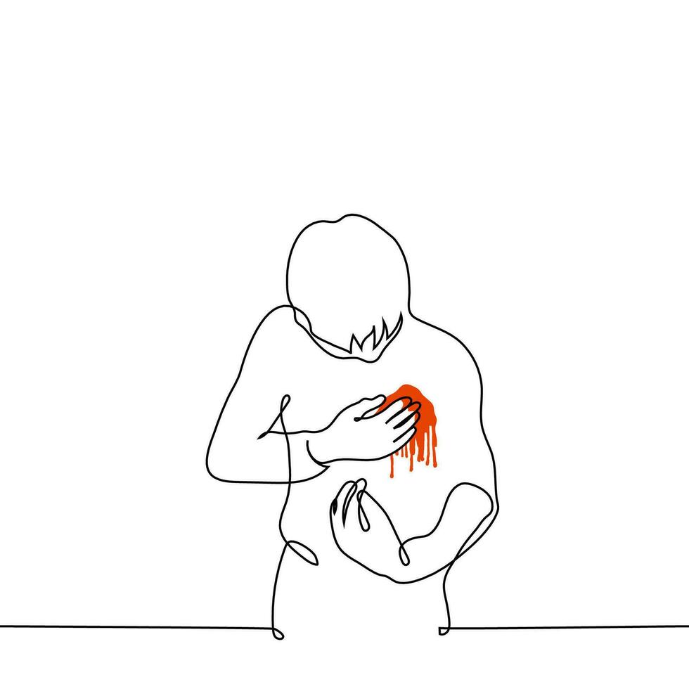 man looks at the blood on his chest in the region of the heart - one line drawing vector. concept a bleeding wound or a metaphor for a man's heart broken from non-reciprocal love or betrayal vector