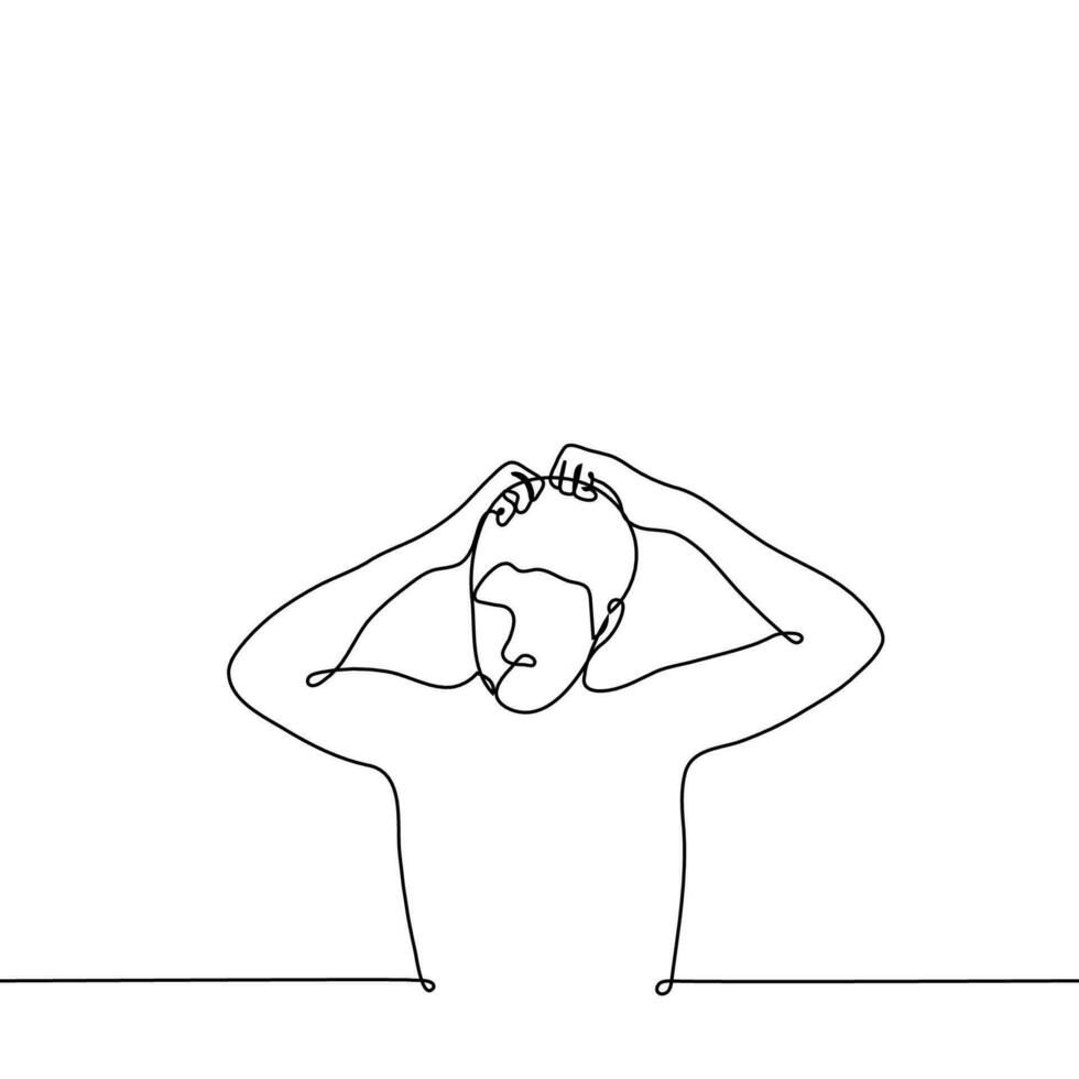 hombre agarrando su cabeza o rascarse su cabeza - uno línea dibujo vector. concepto pelo o cuero cabelludo problema, inventar o idea genial vector