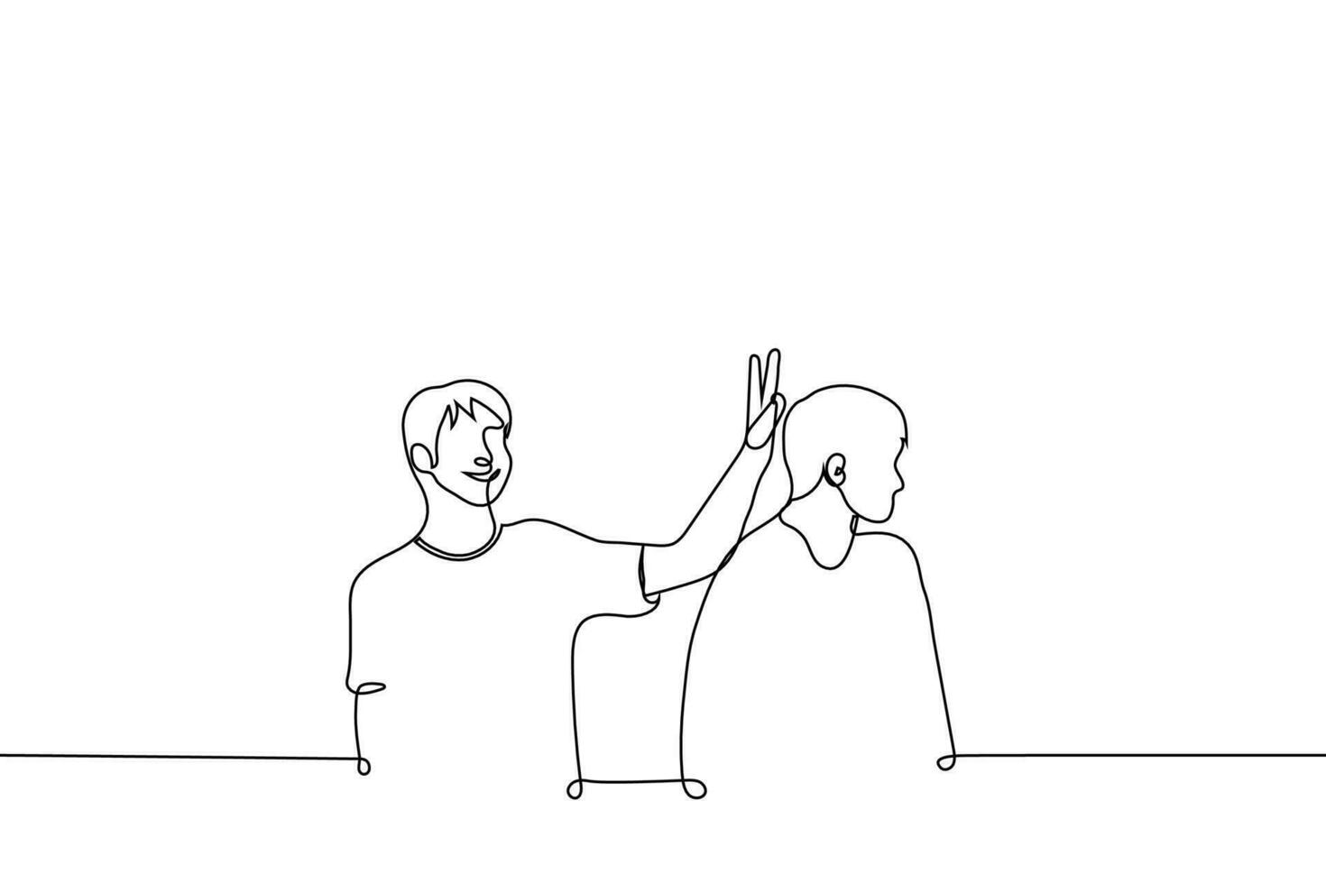 man building horns to his friend - one line drawing vector. concept of friendly joke, playfulness between friends vector