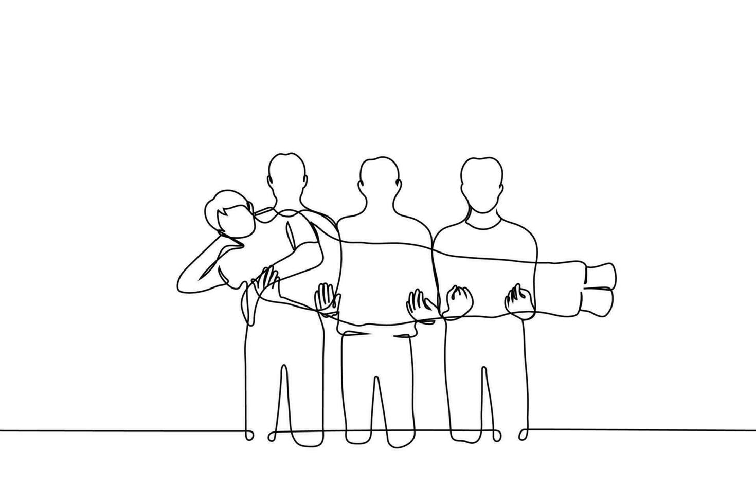 hombres participación otro hombre en su brazos - uno línea dibujo vector. concepto llevado en mano, carismático líder, idolatría, ventilador club vector