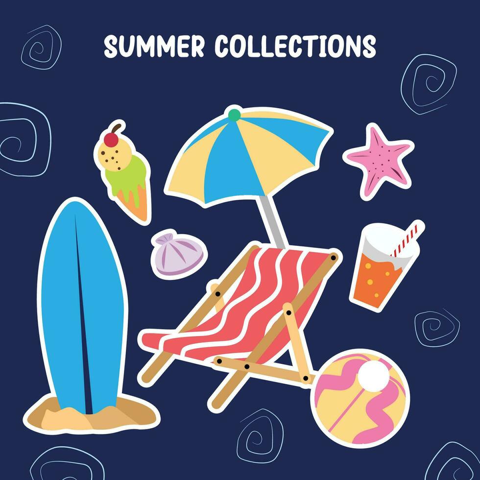 colorful summer icons collection stickers vector