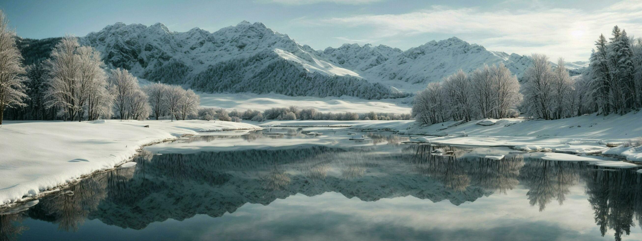 AI generated banner winter nature the crisp reflections of snow-covered trees and mountains on calm, cold waters to evoke a sense of peaceful winter magic. photo