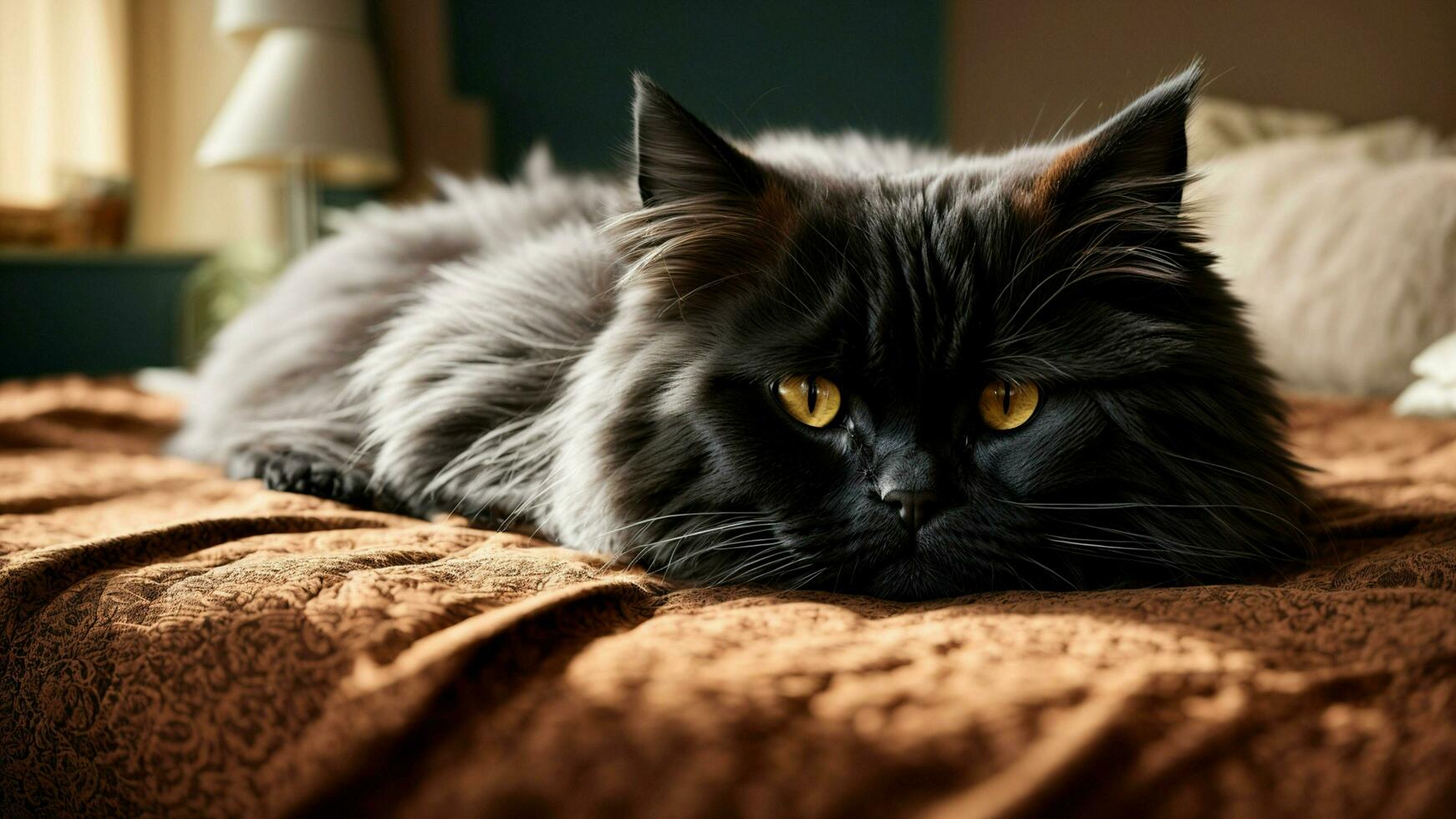 ai generado imagen ese transporta el serenidad de un negro persa gato tomando un siesta en un cama con un sólido color antecedentes foto