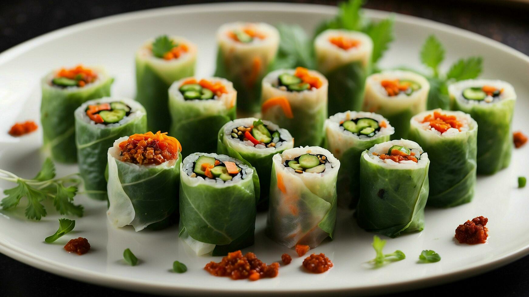 AI generated explores the creative combinations of vegetables, herbs, and spices used in these spring rolls photo