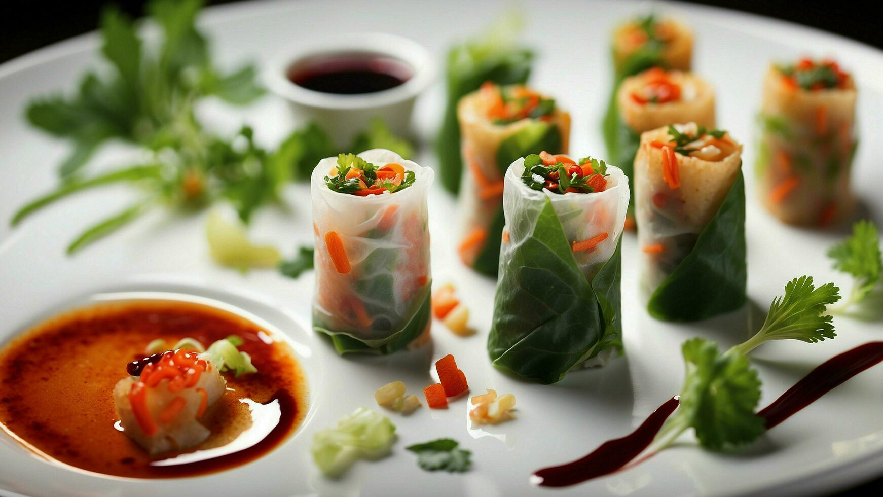 AI generated the variety of vegetables used in these delectable spring rolls, the accompanying dipping sauces, and the presentation that makes them a visual delight photo