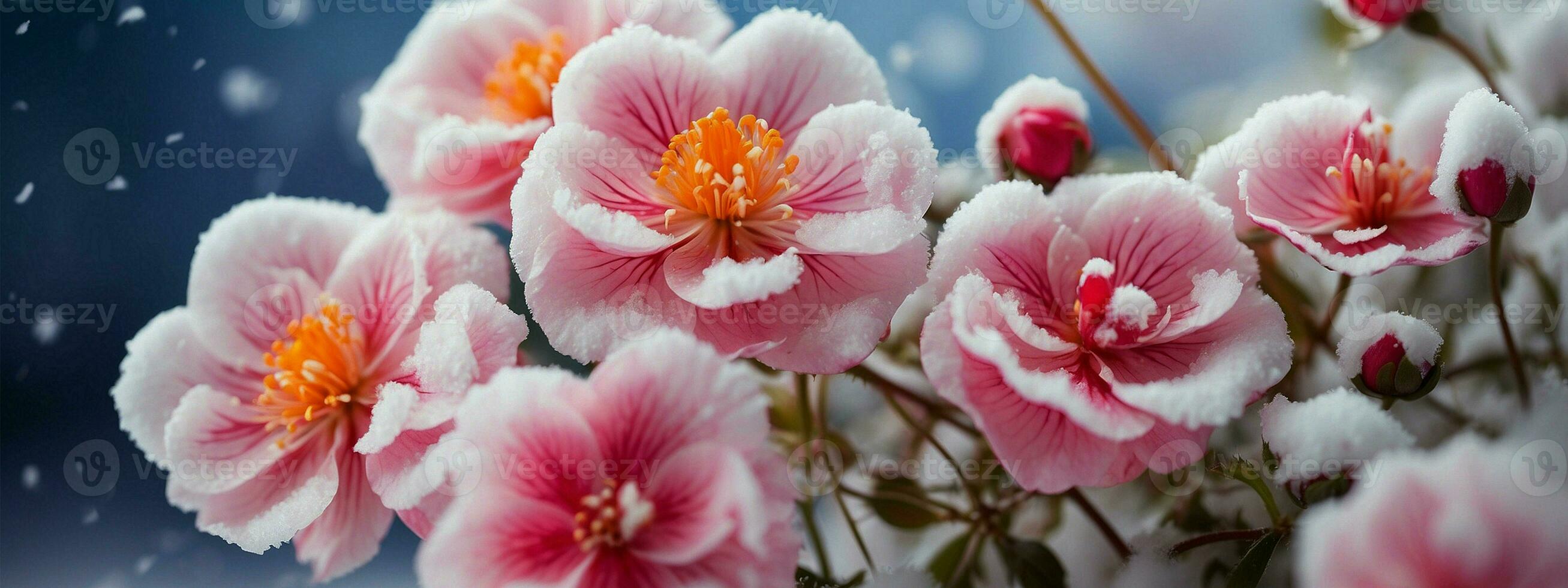 AI generated winter flowers against a backdrop of pristine snow showcase the delicate petals and vibrant colors that defy the cold, and emphasize the contrast between the warmth of the blooms and the photo