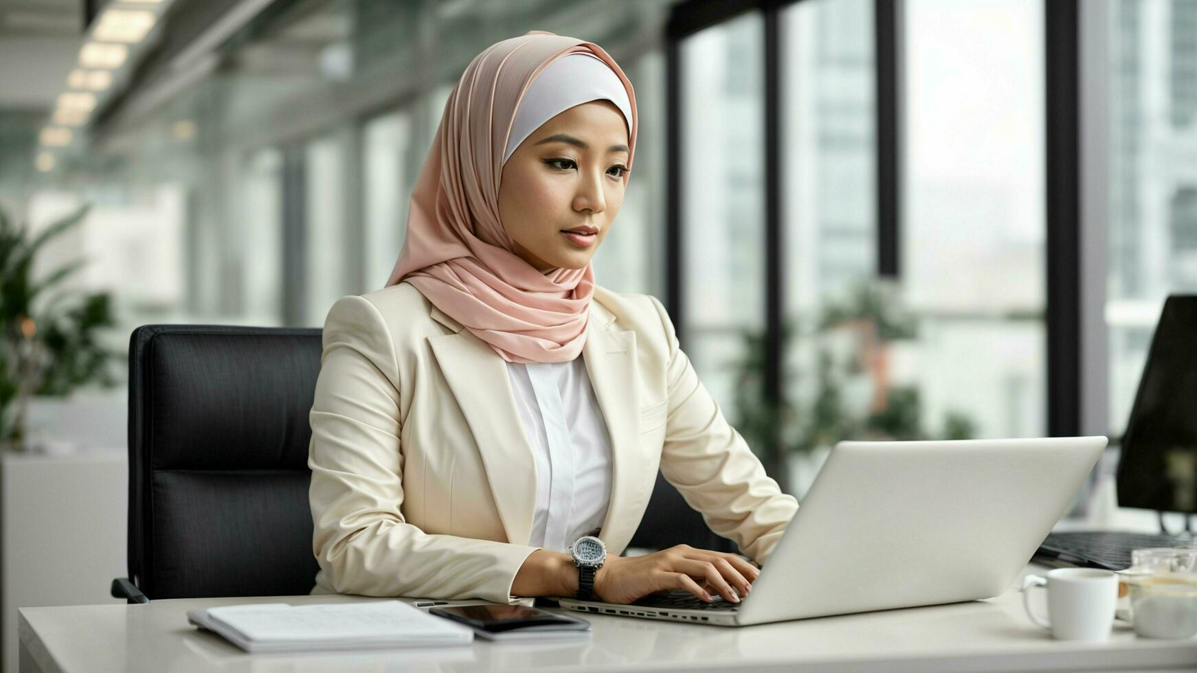 ai generado un empoderamiento imagen de un asiático mujer de negocios vistiendo un hiyab, con confianza gerente su Tareas en un ordenador portátil a un pulcro y moderno blanco escritorio. foto