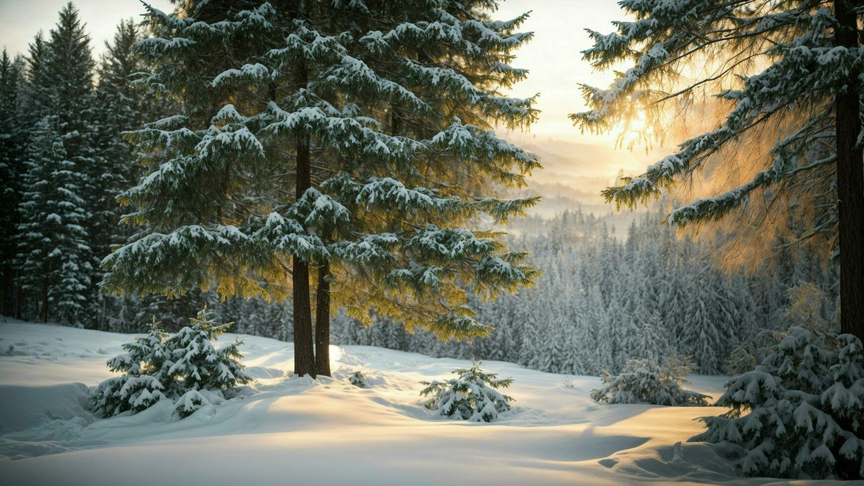 ai generado capturar el magia de invierno como cargado de nieve hojas perennes arboles crear un pintoresco fondo, con el suave resplandor de copos de nieve en el aire. foto