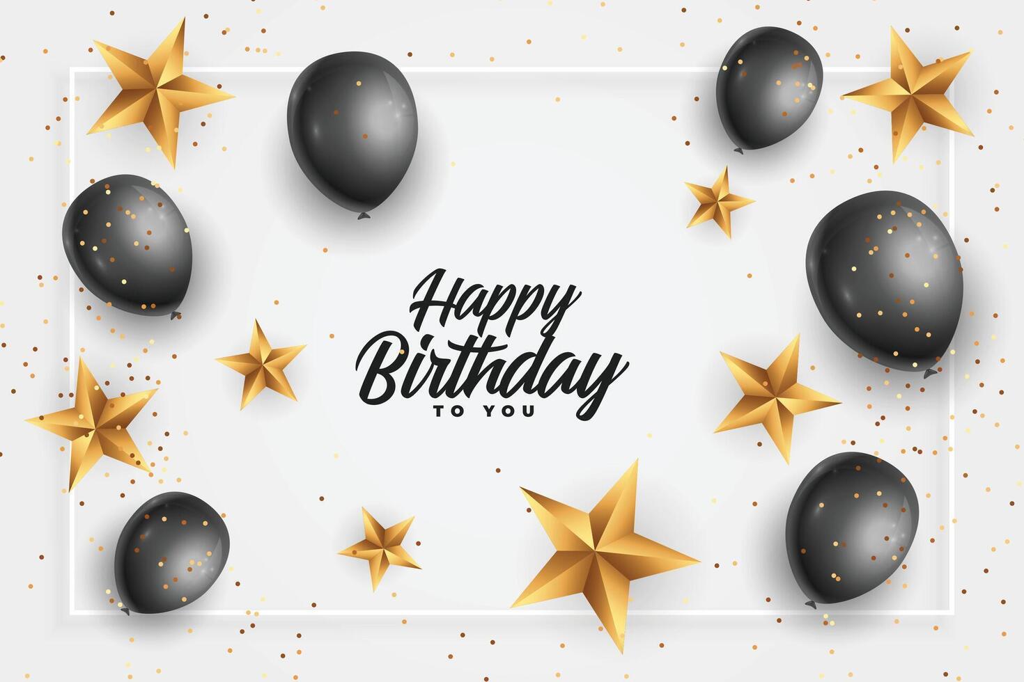 contento cumpleaños tarjeta con dorado estrellas y negro globos vector