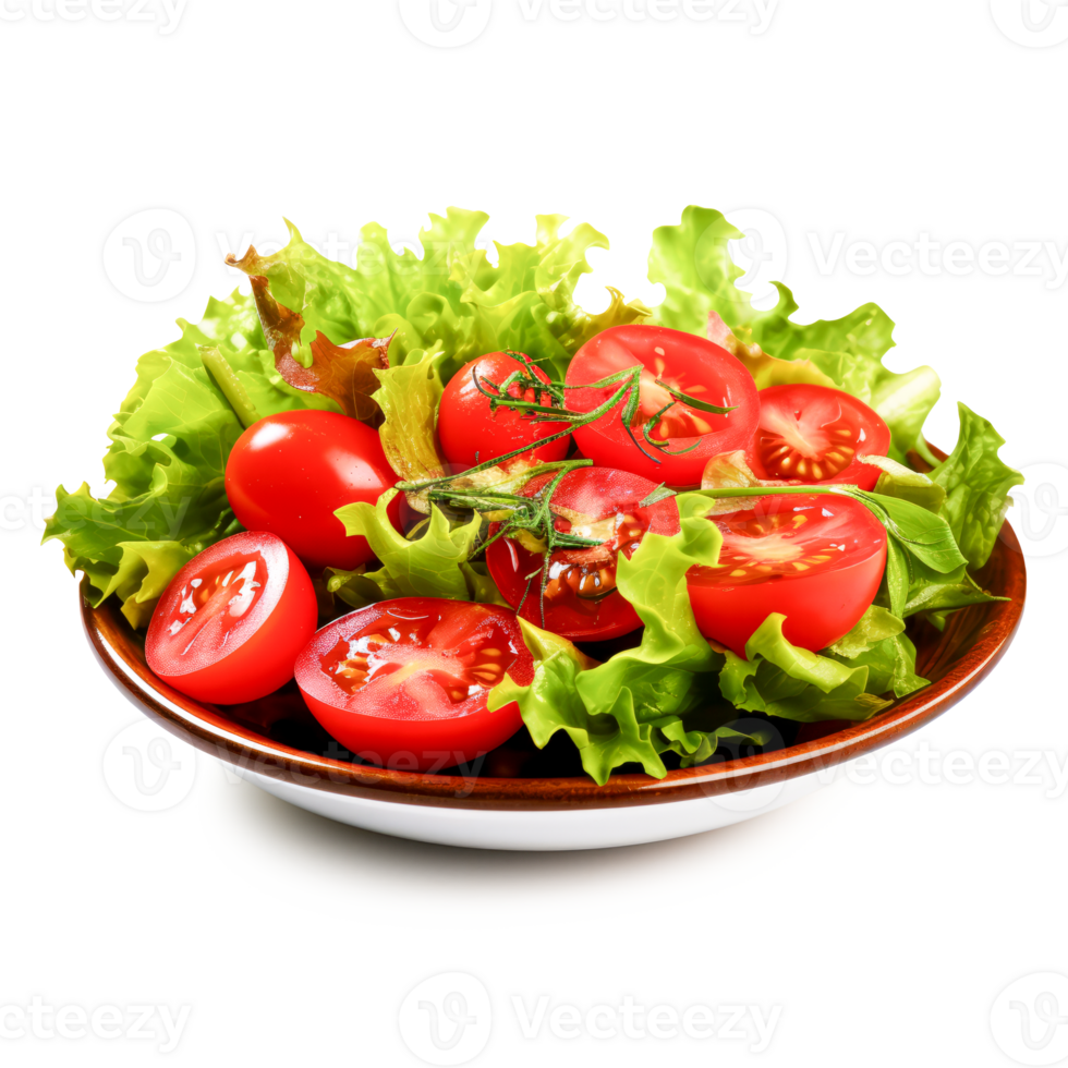 AI generated Fresh salad with ripe tomatoes and lettuce on a plate, PNG with transparent background. Perfect for food-related projects.