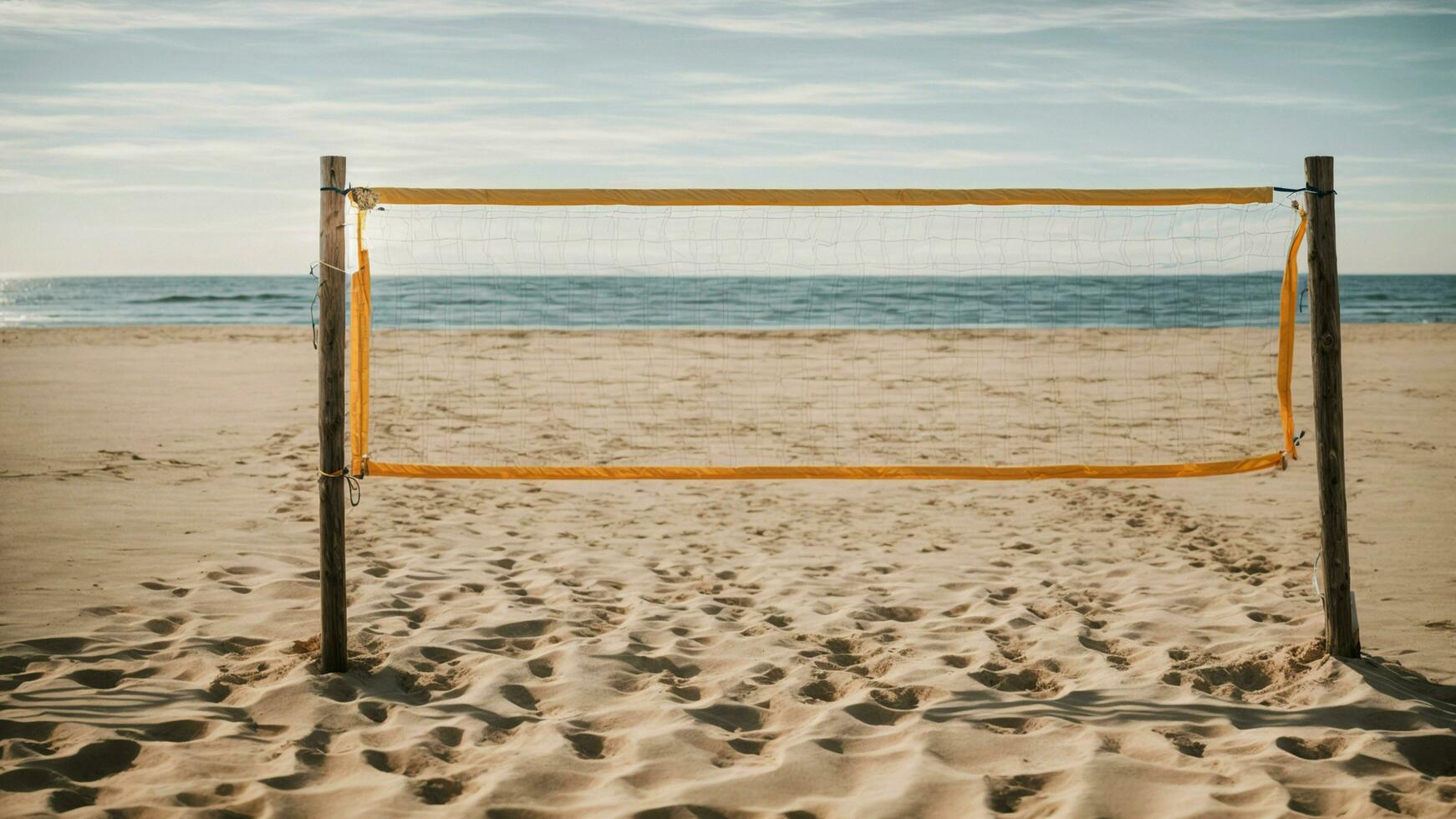 AI generated the simplicity and elegance of a beach volleyball net standing alone on an untouched sandy beach, with no signs of human activity. photo