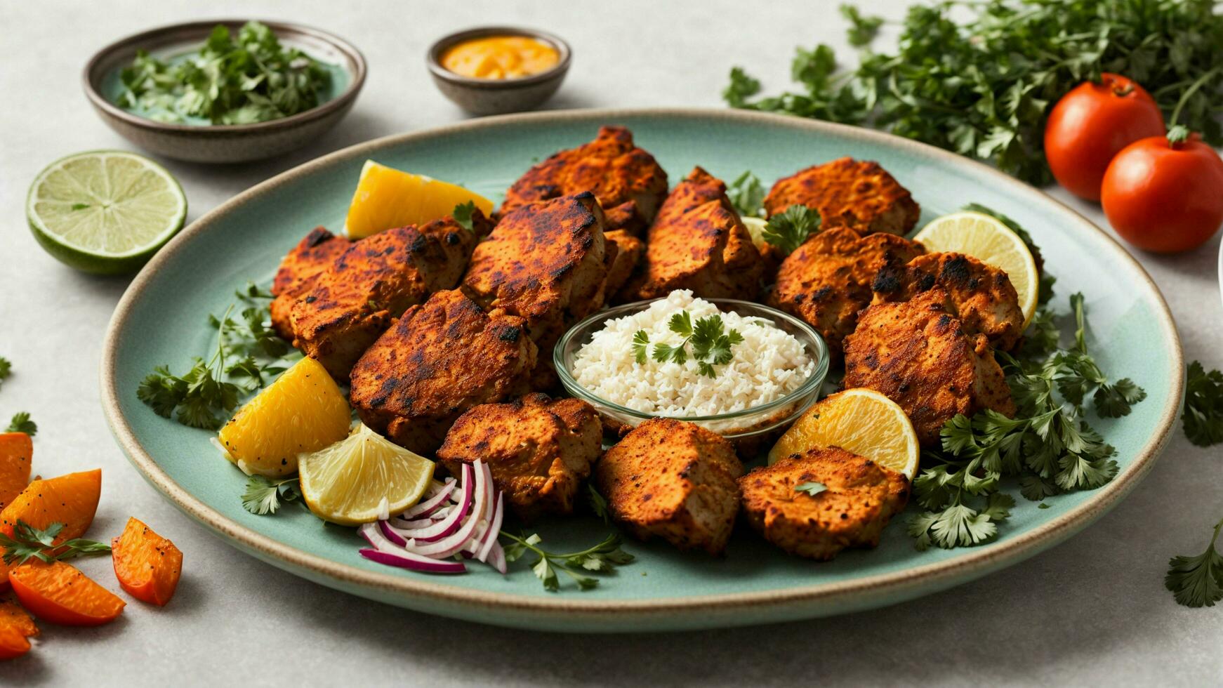 AI generated A minimalist stock photo featuring a perfectly arranged plate of Indian chicken tandoori on a clean white background