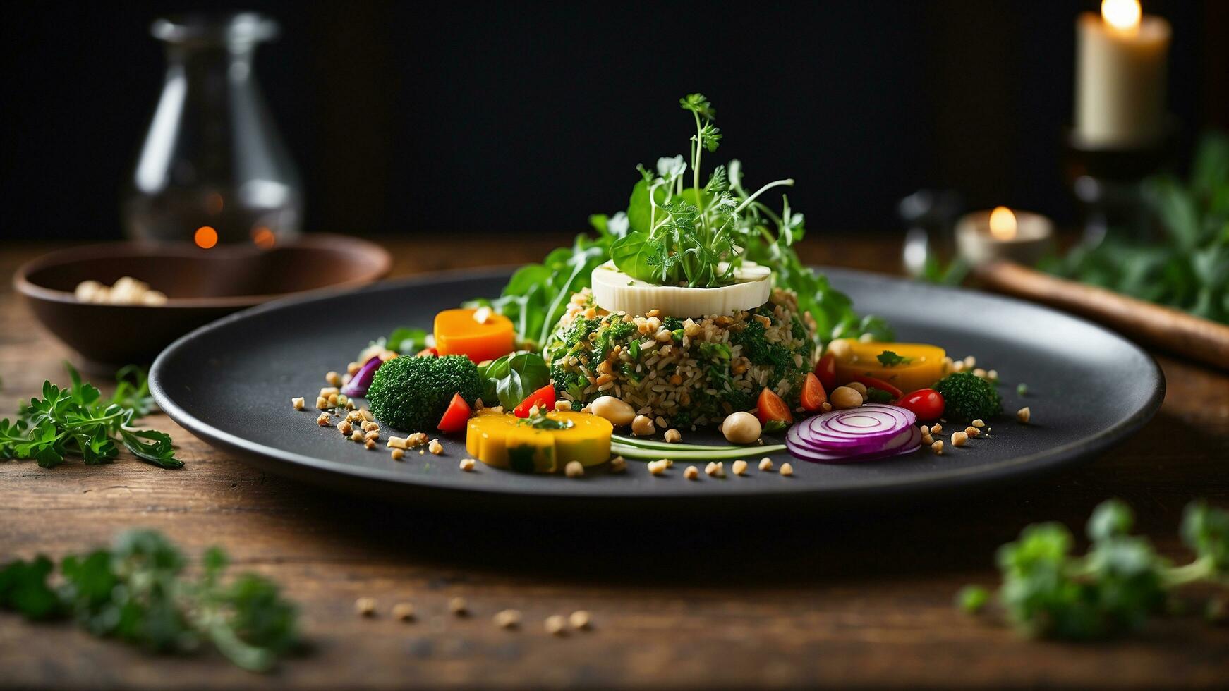 AI generated a vegetarian chef by photographing a thoughtfully composed plate of plant based delights on a dark wooden table in a stylish restaurant photo