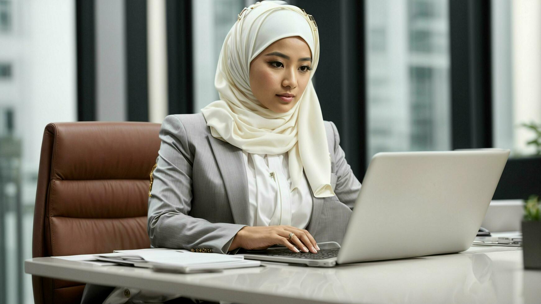 ai generado empoderamiento en elegancia capturar el esencia de un poderoso asiático mujer de negocios en hiyab, sentado a un prístino blanco escritorio, absorto en su trabajo con un moderno ordenador portátil foto