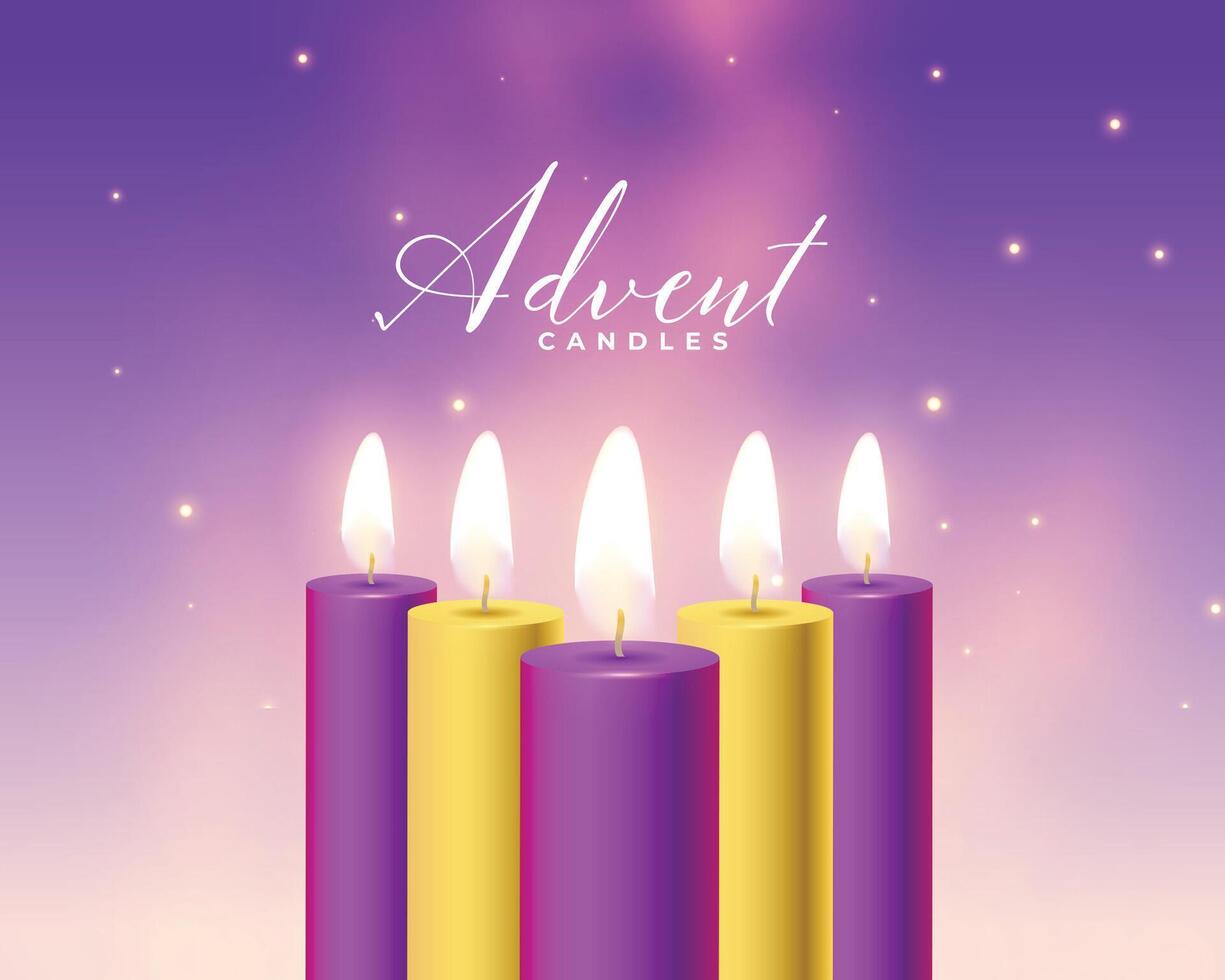 cinco adviento velas en púrpura y dorado color vector