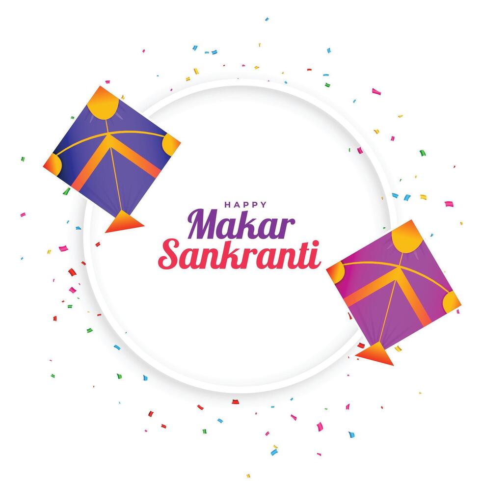 makar sankranti blanco saludo con cometas y papel picado vector