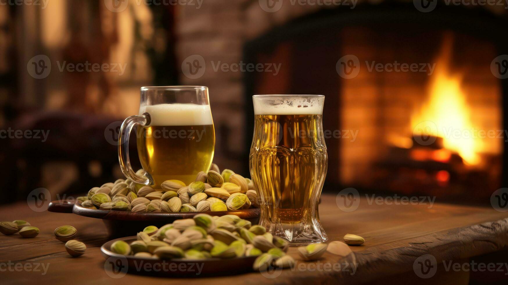 AI generated Glasses of beer and pistachios on background of burning fireplace. Generative AI photo