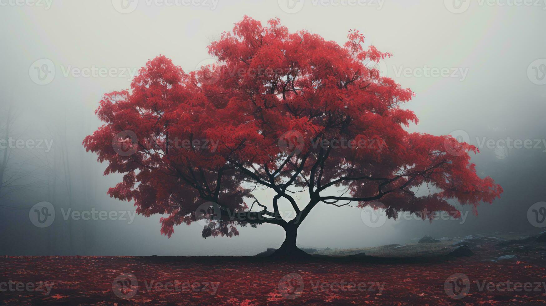 AI generated Misty landscape with red maple tree. Generative AI photo