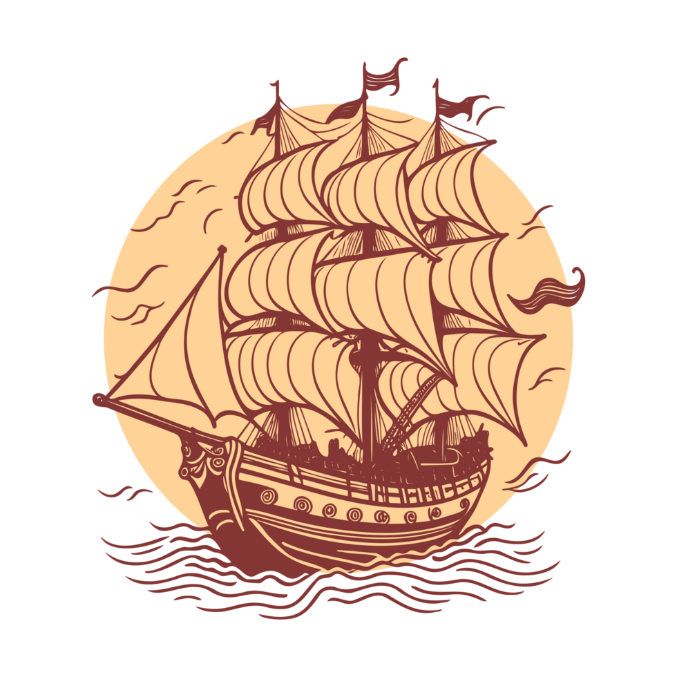 AI generated old illustration of pirates cruise vector line art png