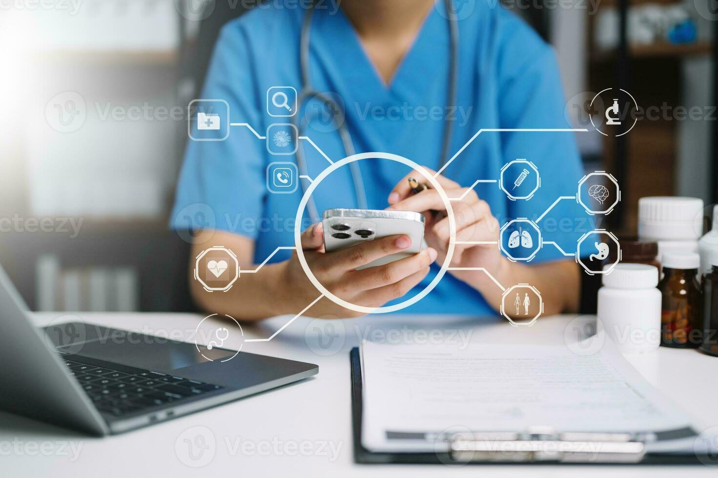 Medicine doctor using digital tablet and smartphone diagnose virtual electronic medical record on interface.Digital healthcare and network on virtual screen photo