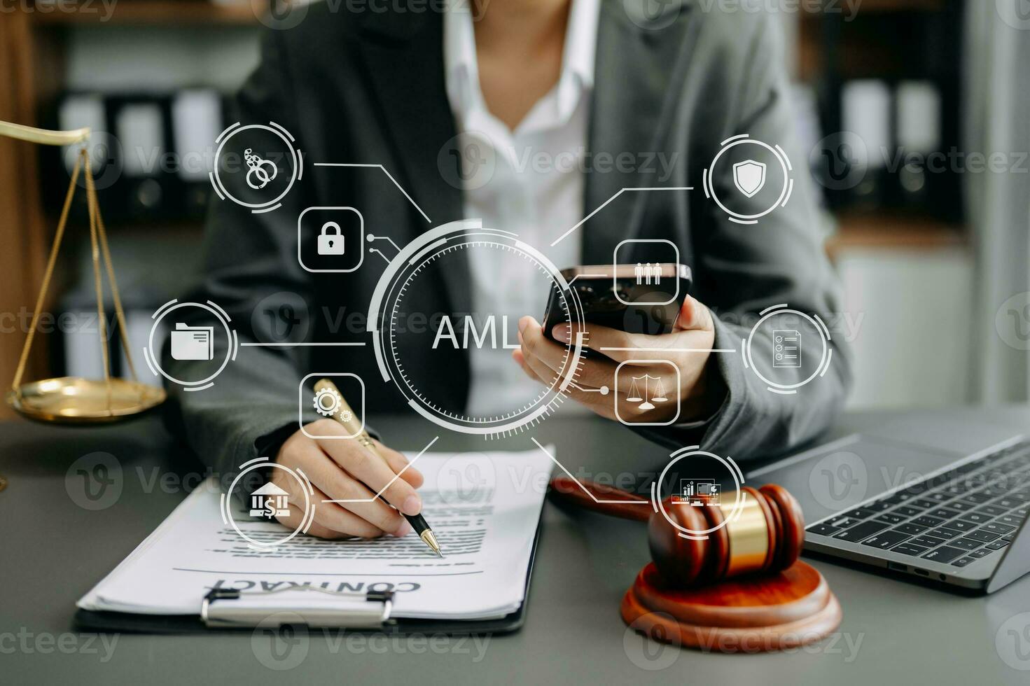 AML Anti Money Laundering Financial Bank Business Concept. judge in a courtroom using laptop and tablet with AML anti money laundering icon photo