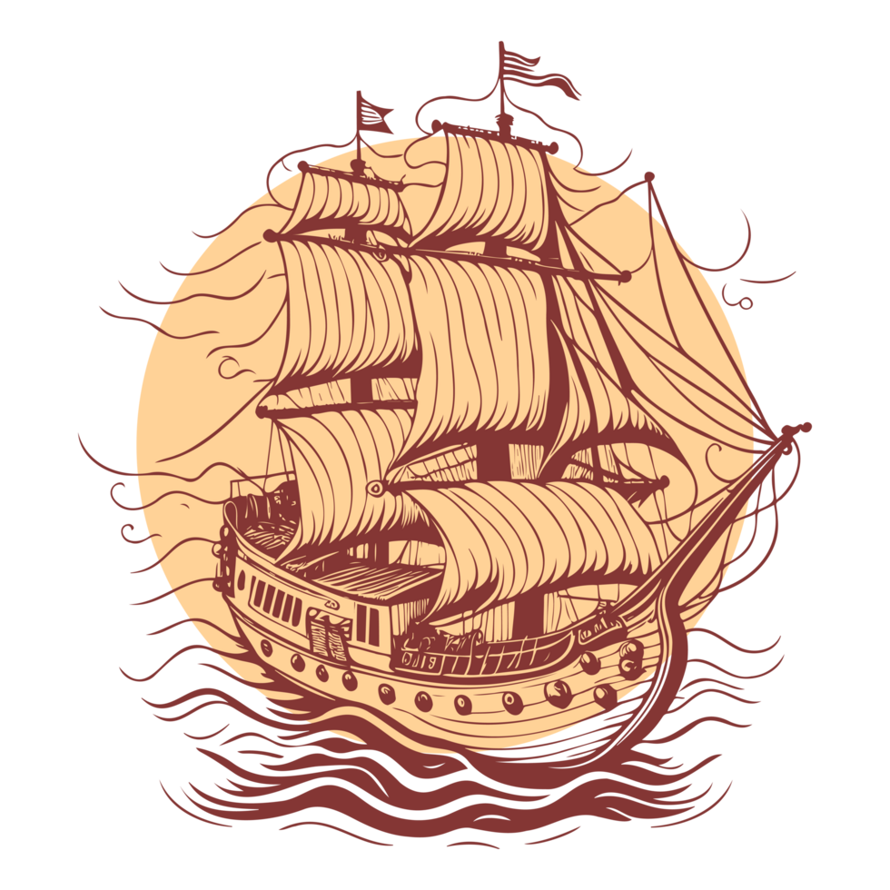 AI generated old illustration of pirates cruise vector line art png