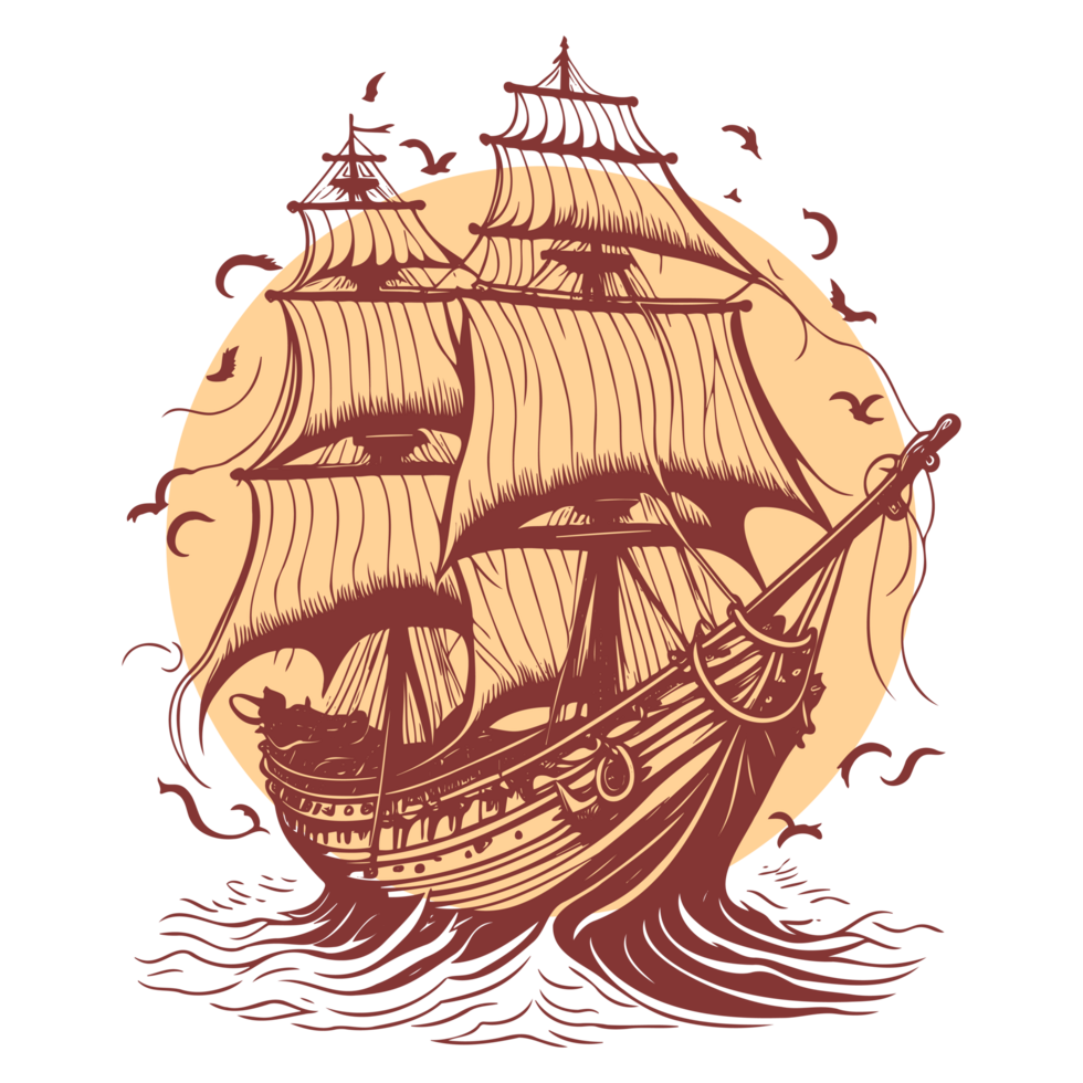 AI generated old illustration of pirates cruise vector line art png