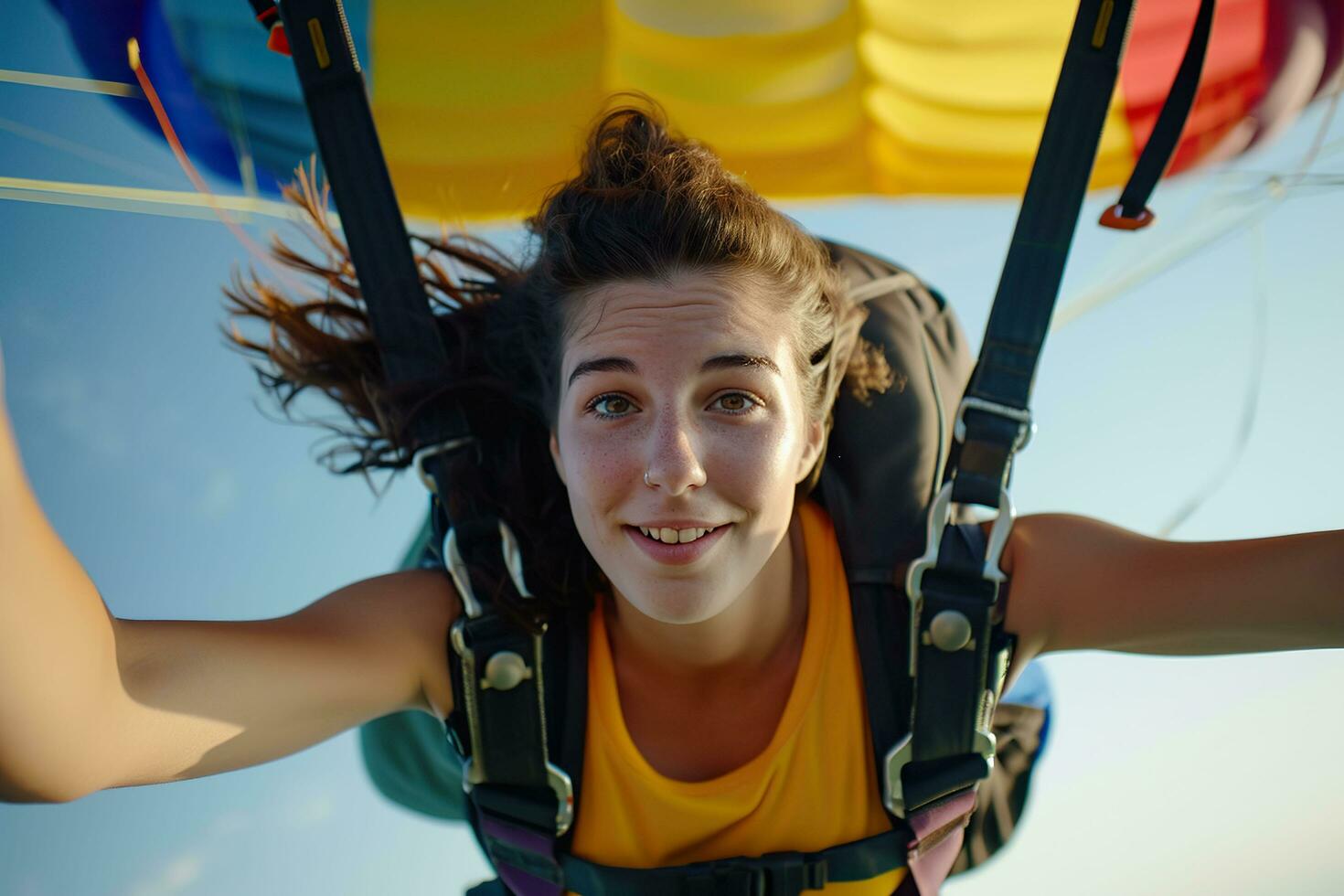 ai generado joven mujer paracaidismo con un paracaídas en el aire. extremo deporte. foto