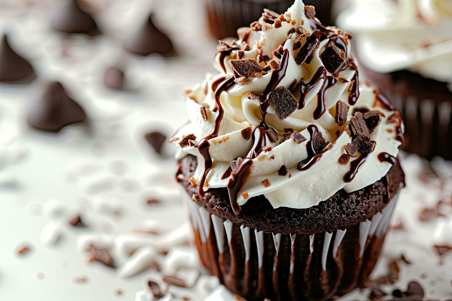 AI generated Chocolate cupcake with whipped cream and chocolate shavings, closeup. photo