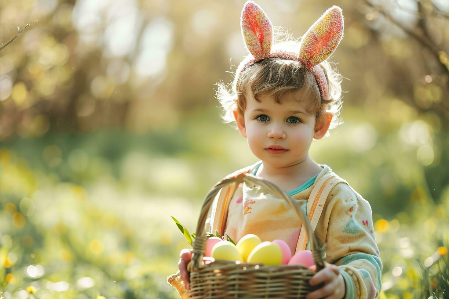 ai generado linda pequeño chico con conejito orejas participación un cesta lleno de vistoso Pascua de Resurrección huevos. foto