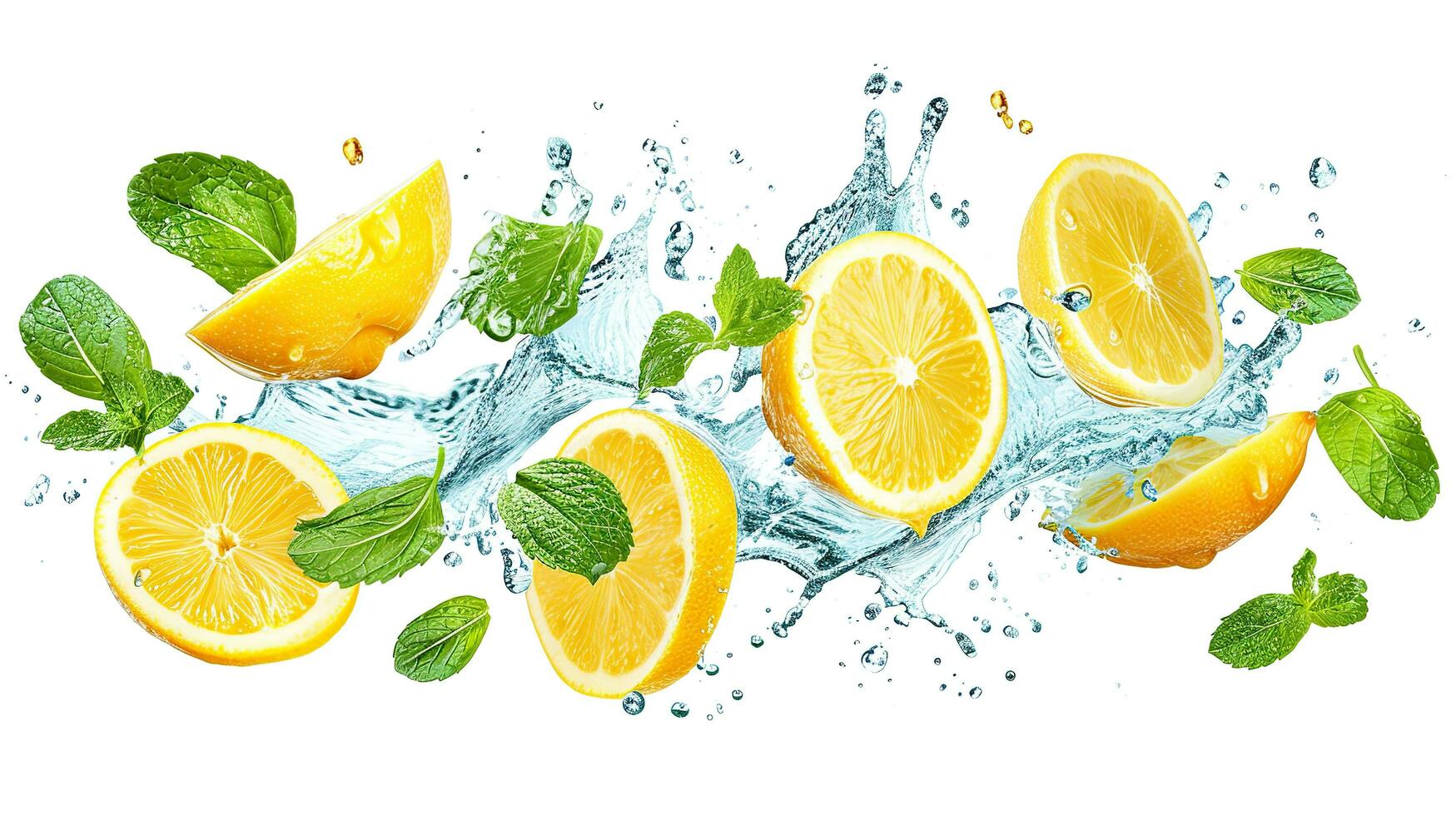 AI generated Fresh lemon and mint falling into water with splash, isolated on white background. photo