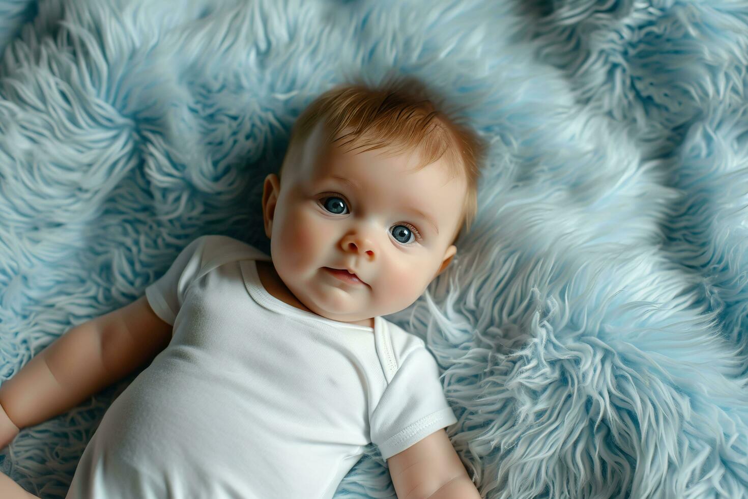 AI generated Cute little baby lying on a blue blanket. White baby bodysuit mockup. photo