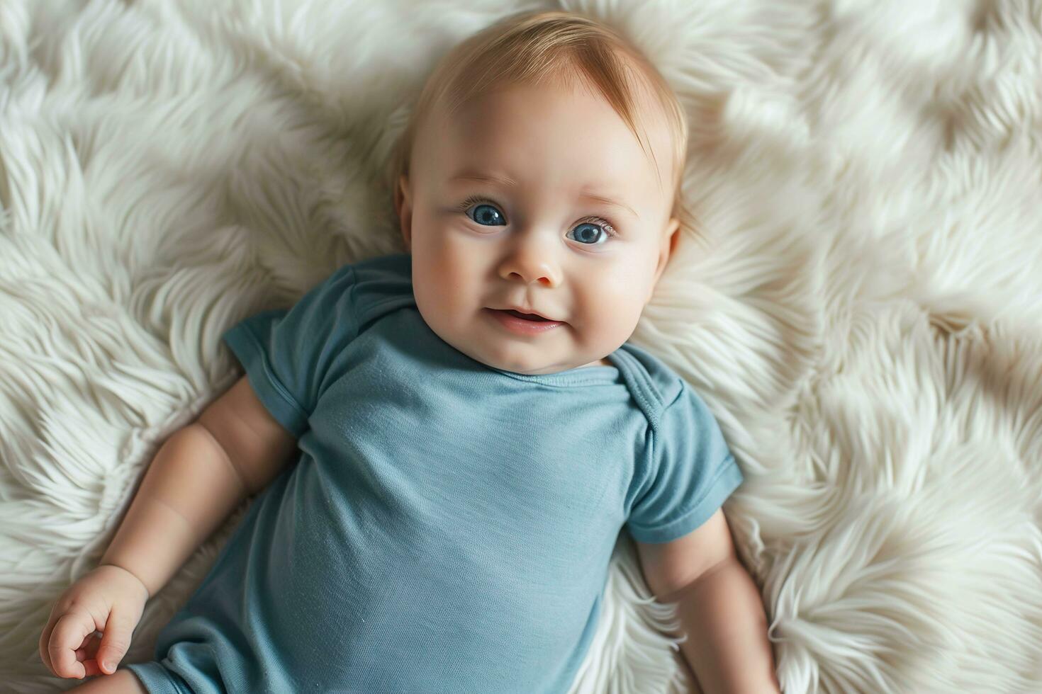 AI generated Cute little baby lying on a blanket. Baby bodysuit mockup. photo