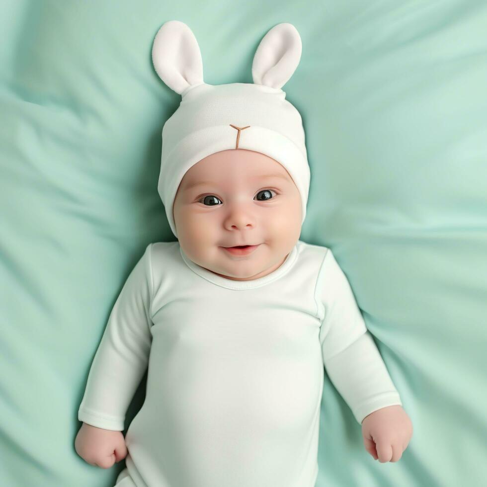 AI generated Cute baby wearing bunny ears on turquoise background. photo