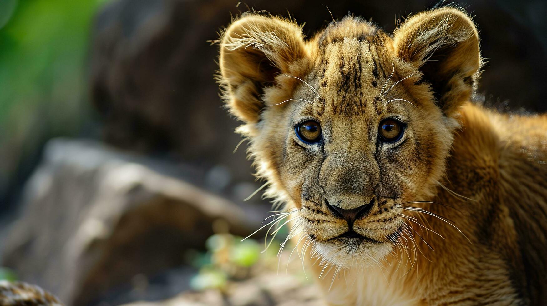 AI generated Portrait of a lion cub in the wild, close-up. photo