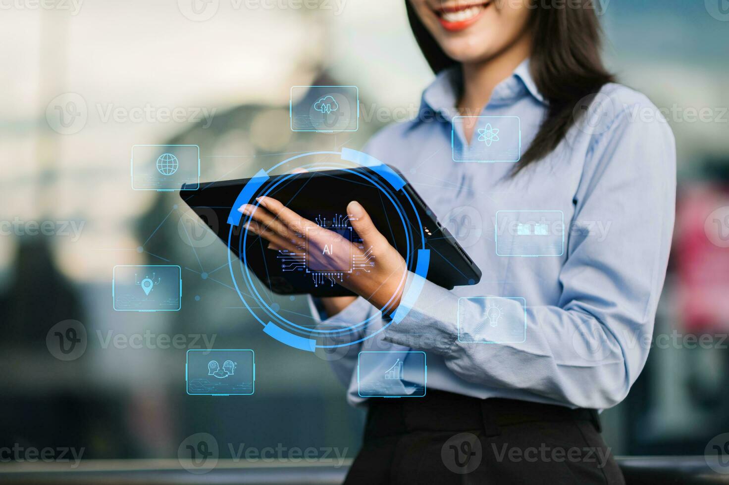 Woman using chatbot in computer and tablet  smart intelligence Ai.Chat with AI Artificial Intelligence, developed by OpenAI generate. photo