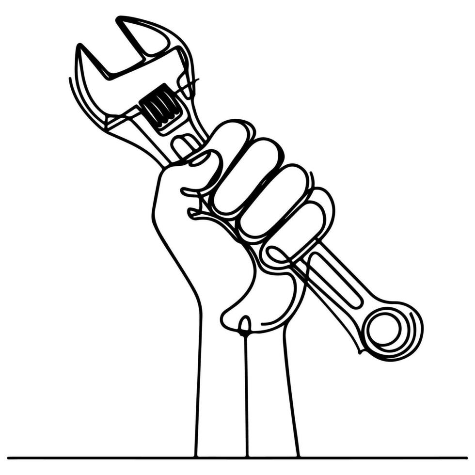 AI generated hand holding spanner wrench, Happy Labour Day Continuous one line draw design vector graphic illustration with black outline drawing Labor Day icon