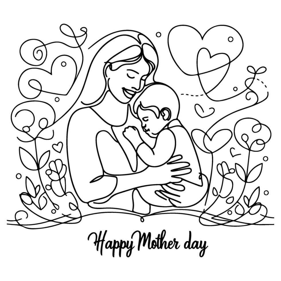 internacional De las mujeres día tarjeta, mujer participación su niño en corazón con continuo uno negro contorno línea dibujo contento madres día bandera garabatear estilo vector ilustración