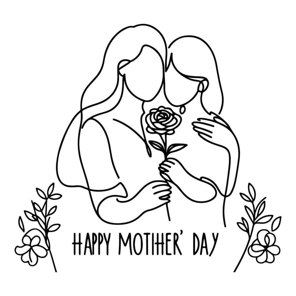 International Women's Day card, woman holding her child in heart with continuous one black outline line drawing Happy mothers day banner doodle style vector illustration