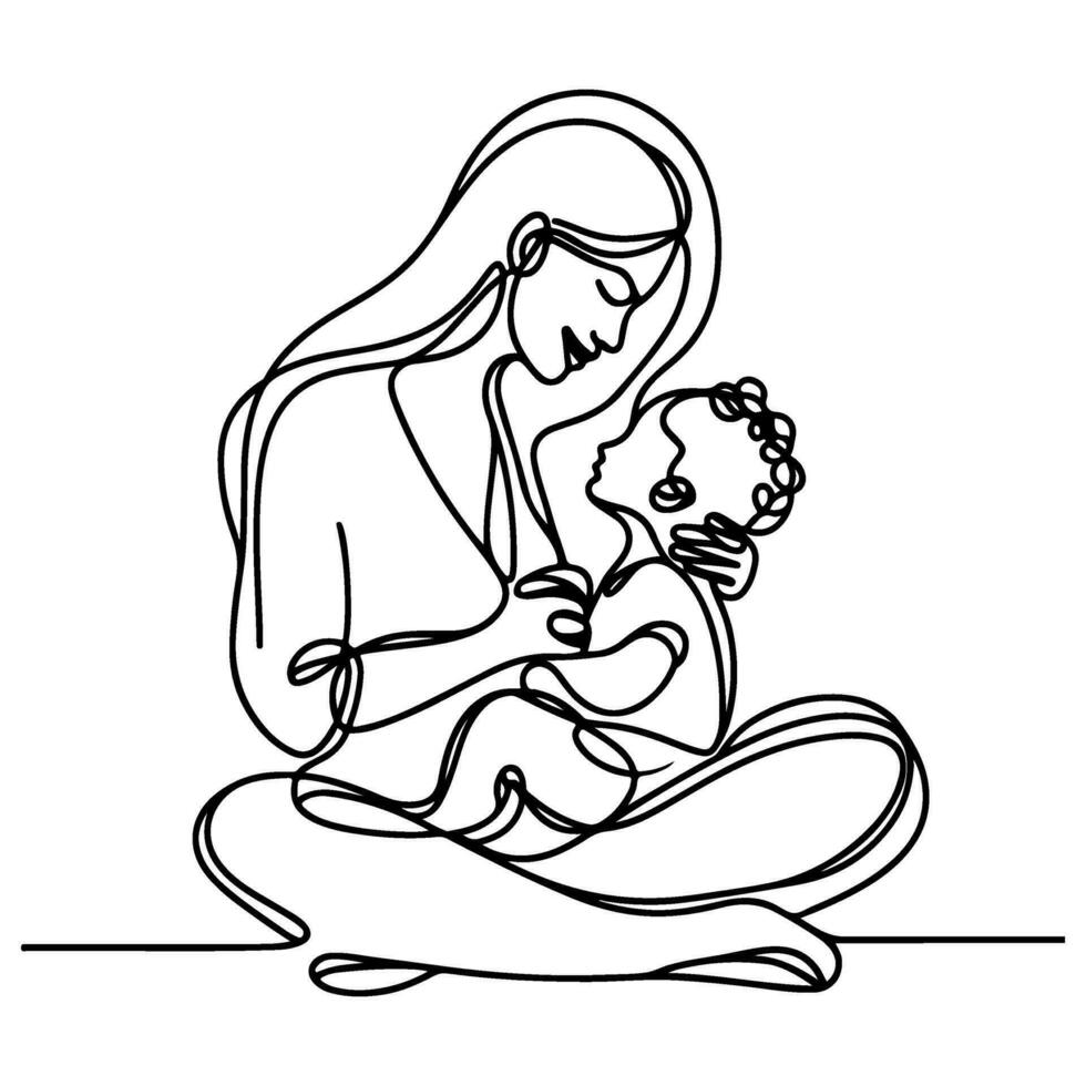 International Women's Day card, woman holding her child in heart with continuous one black outline line drawing Happy mothers day banner doodle style vector illustration