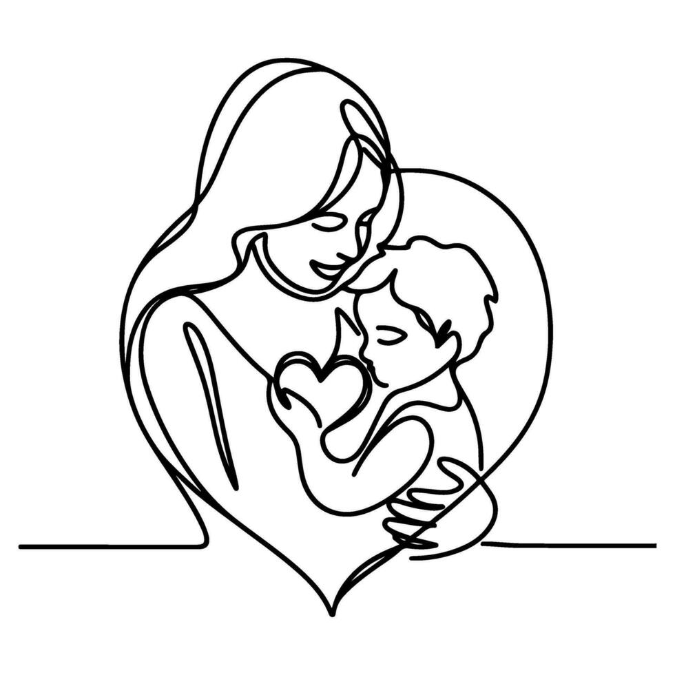 International Women's Day card, woman holding her child in heart with continuous one black outline line drawing Happy mothers day banner doodle style vector illustration